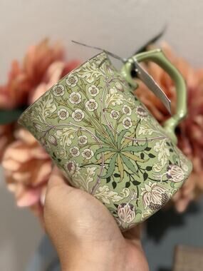 NWT~Morris & Co. Light Sage Green Hyacinth Coffee Mugs. Premium Porcelain, Set-2